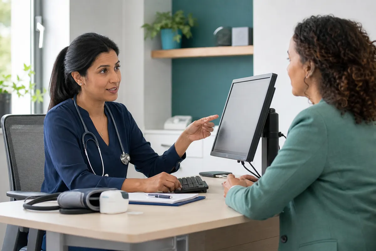 Conceptual scene of a GP reviewing a blood-pressure care pathway