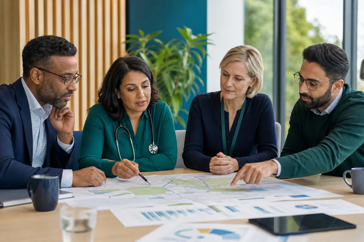 Conceptual scene of primary-care leaders planning a neighbourhood pathway