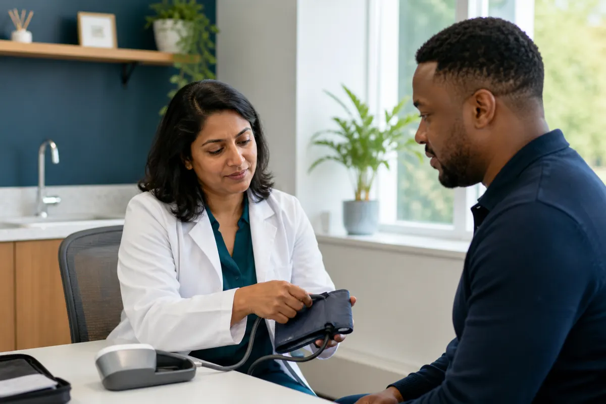 Conceptual scene of a community pharmacist preparing a blood-pressure appointment